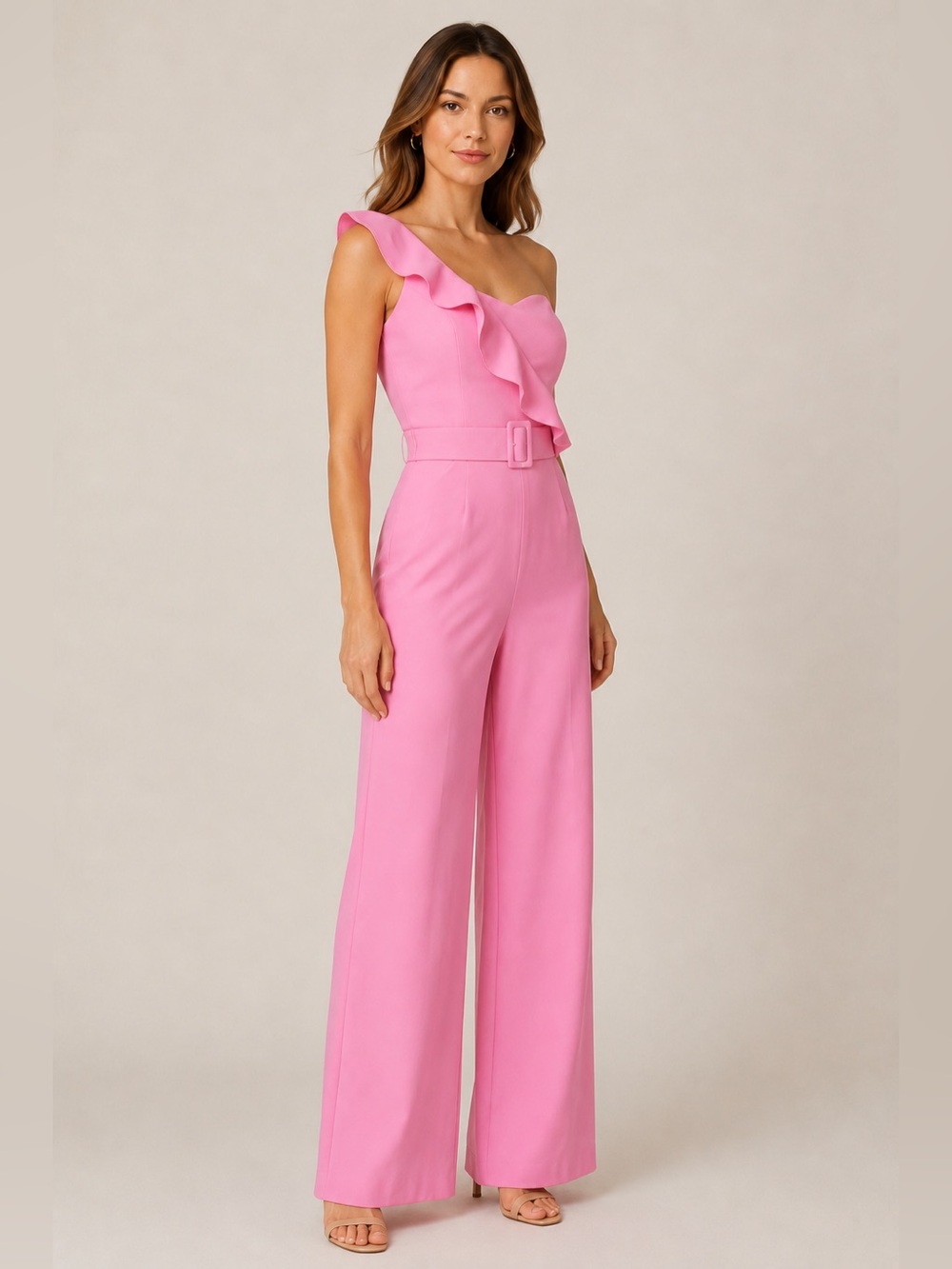 One One Six Pink One Shoulder Ruffle Wide Leg Jumpsuit S NWT Belted